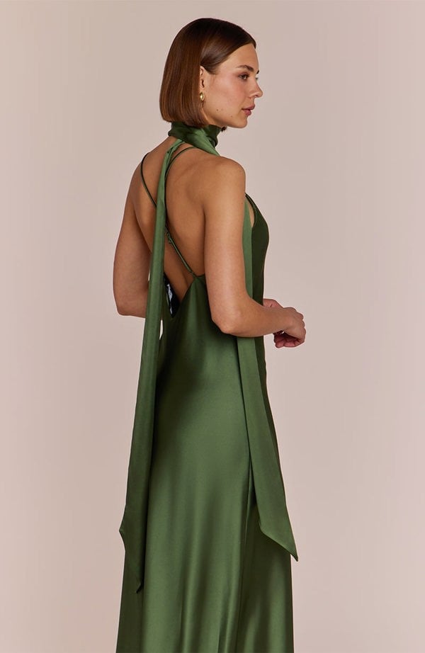 Rewritten London Brooklyn Dress in Olive Green Satin