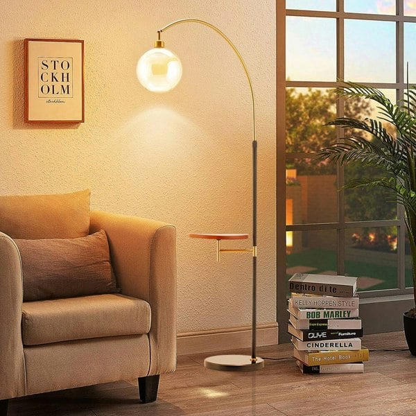 Modern Adjustable Arc Floor Lamp with Wood Tray Floor Lamps Living and Home