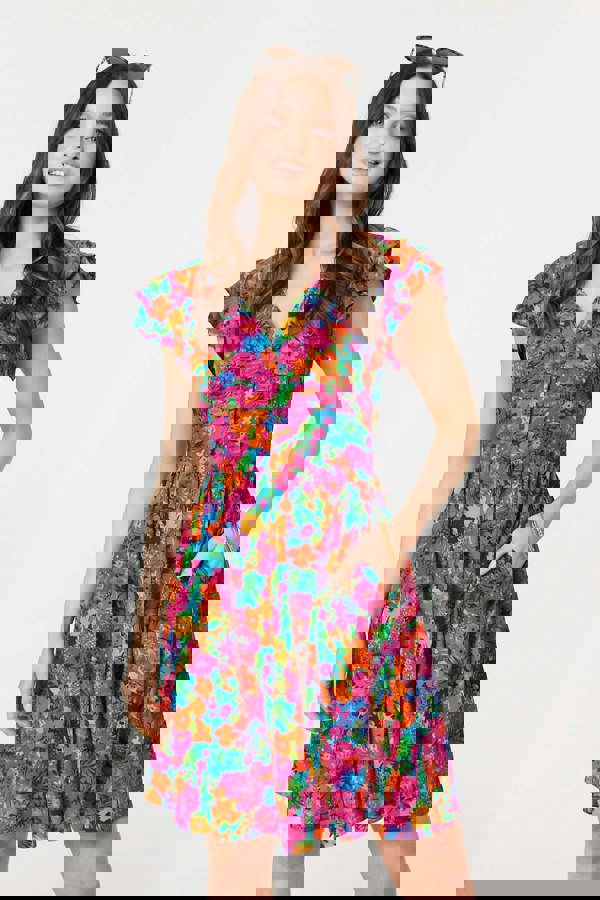 Pink | Floral V-Neck Frilled Sleeve Short Dress