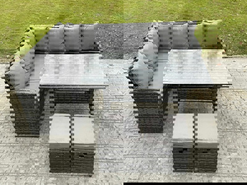 Fimous Outdoor Rattan Garden Furniture Corner Sofa Set with Rectangular Dining Table 2 Small Footstools Patio Wicker Rattan Set Dark Grey Mixed