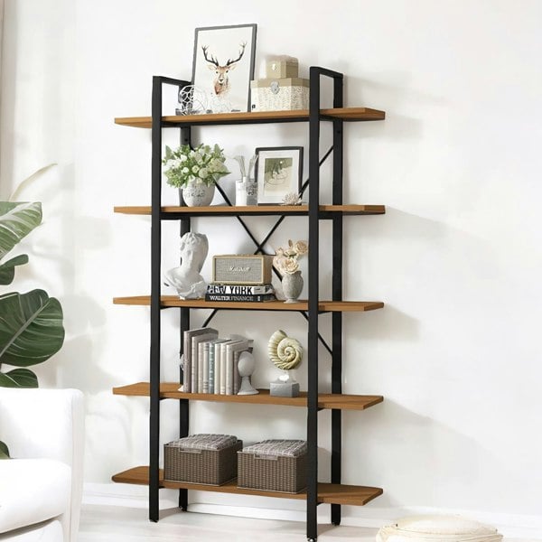 Rafaelo Mobilia Industrial 5 Tier Rustic Brown Bookcase