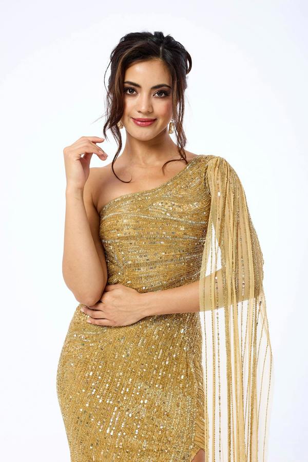 LuvForever Orelena - Gold One Shoulder Drape Sequin Maxi Dress