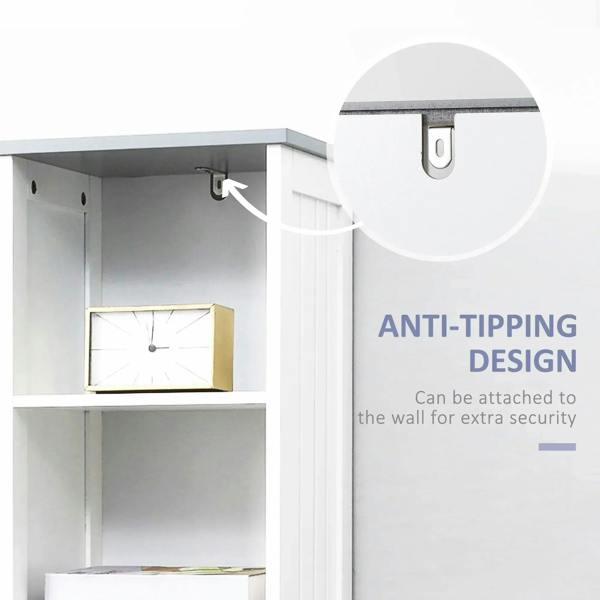 White cabinet with anti-tipping wall bracket and secured mounting hardware
