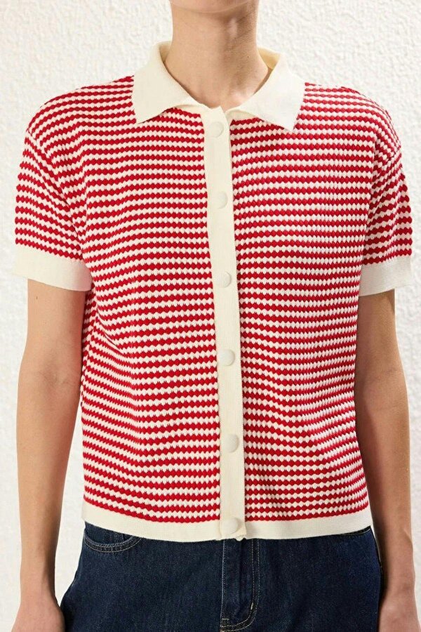 WOVCOR Striped Polo Neck Knit Mid-Length Blouse - RED