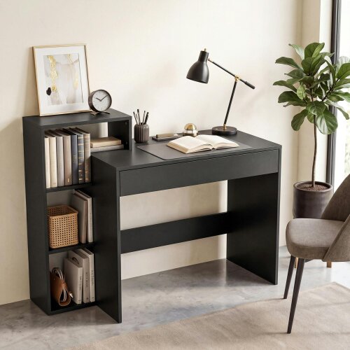 HOMCOM Computer Desk with 3 Open Shelves and Drawer, Black