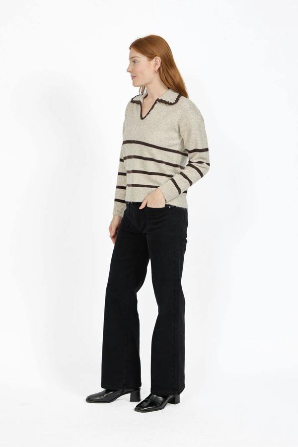 Mudflower Crochet Trim Collared Stripe Knit Jumper