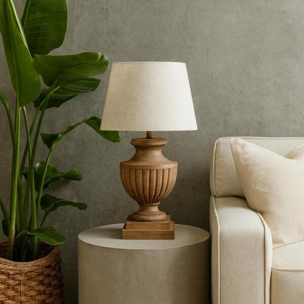 Wyld Haus Castelnau Flute Pedestal Wooden Table Lamp With Cream Linen Shade