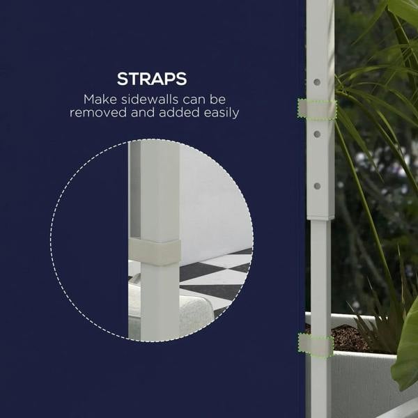 Blue gazebo side panel corner with adjustable strap and metal frame