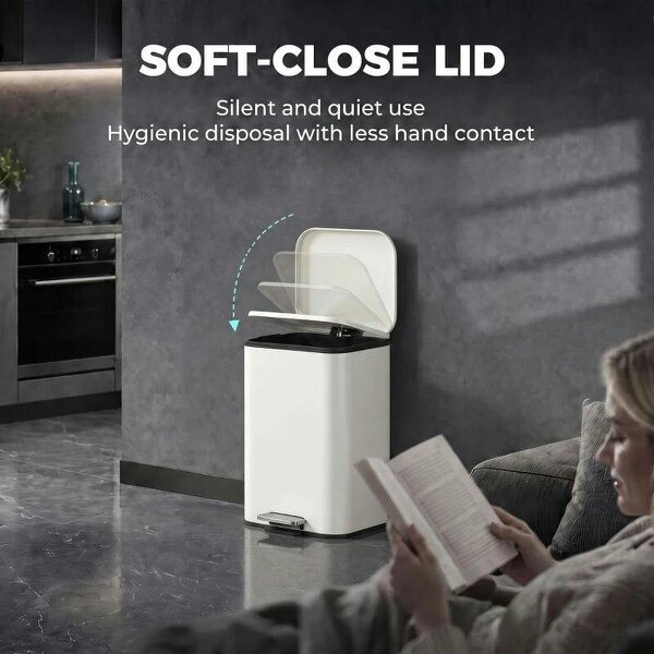 20 L Kitchen Pedal Bin, Metal Rubbish Bin with Removable Inner Bucket, Soft-Close & Stay-Open Lid, Cream White