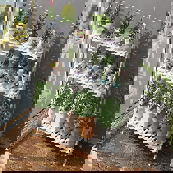 Living and Home 3 Tiers Foldable Wooden Ladder Plant Shelf Balcony Garden Flower Stand