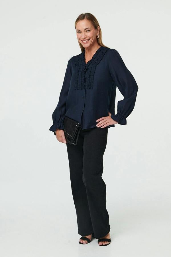 Navy | Long Sleeve Frilled Trim V-Neck Blouse