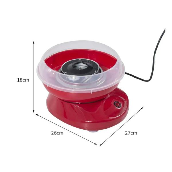 Red electric cotton candy maker with clear outer bowl lid and black center unit