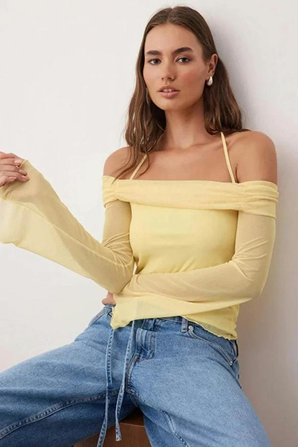 Hoxton Gal Off-Shoulder Knit Blouse with Tie Detail and Flared Sleeves