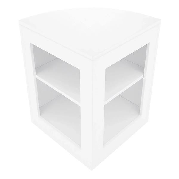 Vega LED Shop Counter Set in white, featuring a sleek corner design with two open shelves for display and storage