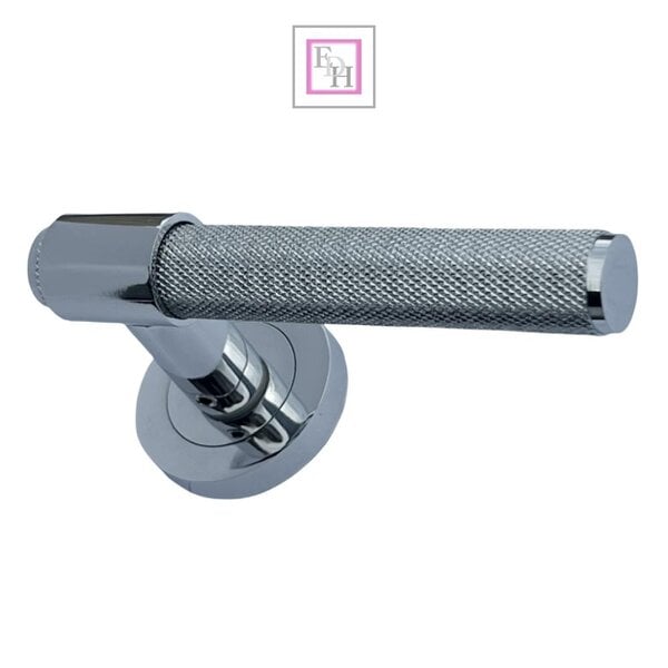 EDH Door Hardware Polished Chrome Knurled Door Handles on Round Rose – Modern Internal Lever Handle