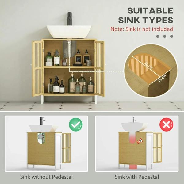 Bamboo-front under-sink cabinet with adjustable storage, showing sink suitability area