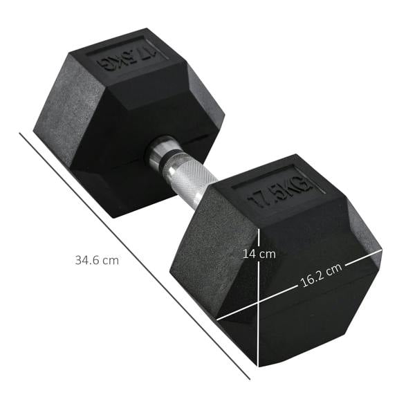 Black hex rubber dumbbell with knurled handle, 34.6 cm length