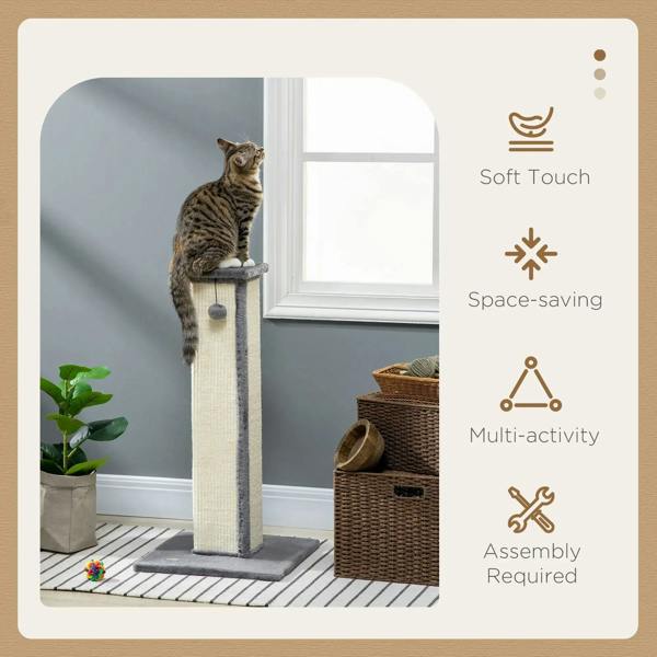 Vertical cat scratcher post with grey plush top, sisal sides, and hanging ball