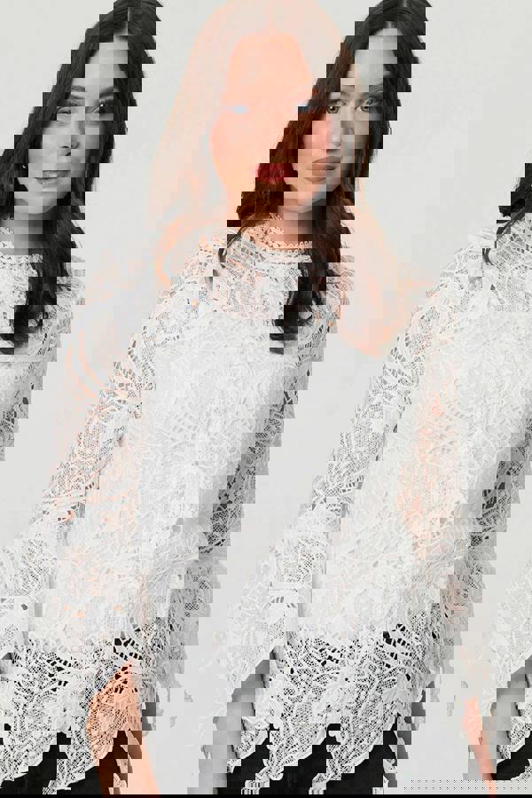 White | Semi Sheer Lace Layer Frilled Hem Blouse