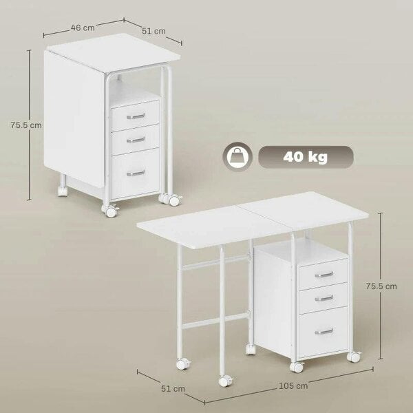 105 x 51 cm Foldable Office Deskwith 3 Drawers, Extendable Top, Wheels, White