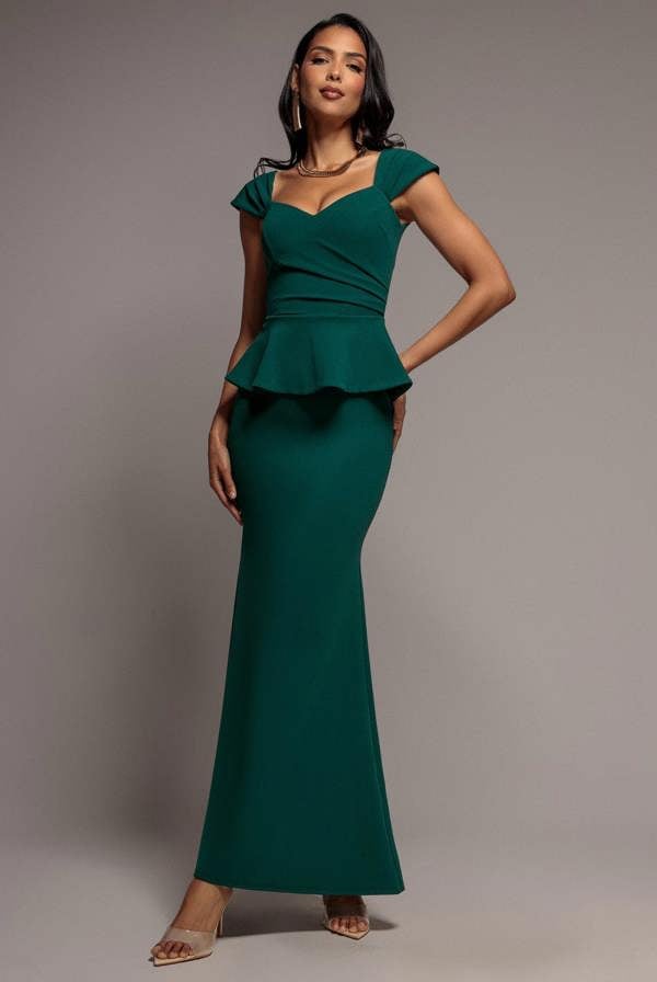 Cap Sleeve Sweetheart Peplum Scuba Maxi Dress - Emerald Green DR5302
