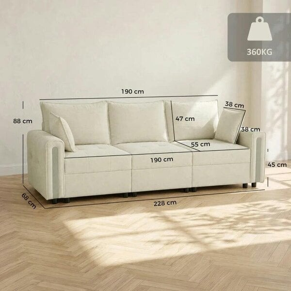 3 Seater Sofa with Lift-Up Storage, 228cm Comfy Velvet Couch with Wide Deep Seat, Beige