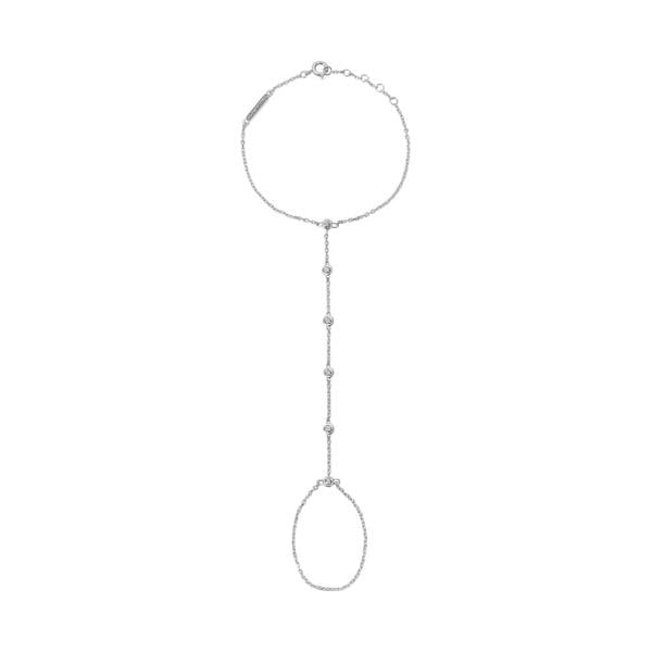 Silver necklace with a chain and pendant on a white background. The BLOOMTINE Illuminess™ Diamond Hand Chain in White Rhodium-plated Sterling Silver. This dainty hand harness features 6 brilliant-cut lab diamonds on a diamond-cut cable chain, designed to shimmer across the hand and wrist for a celebrity-inspired goddess glow