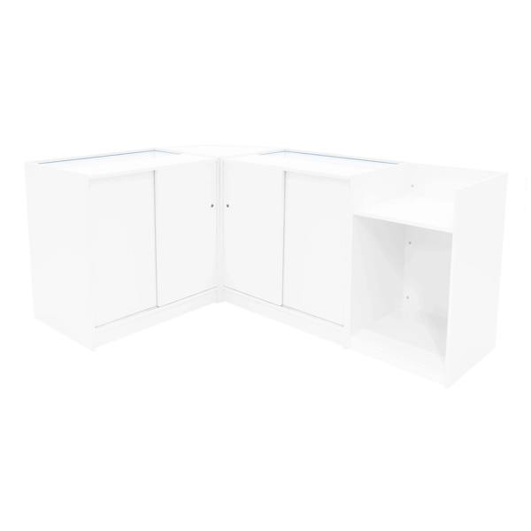Polaris LED Shop Counter Set in white features sleek, modern design with glass display tops and ample storage space for retail use