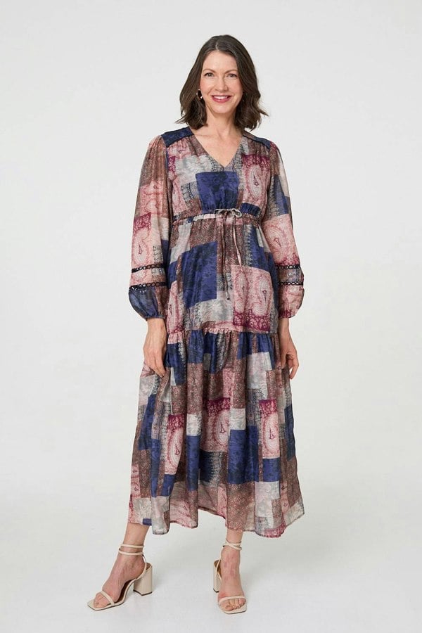 Navy | Patchwork Print Empire V-Neck Maxi Dress
