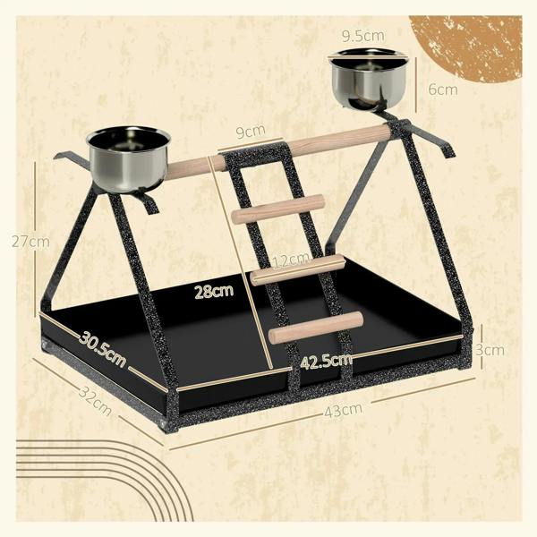 Black bird feeding stand with wood ladder, stainless bowls and removable bottom tray