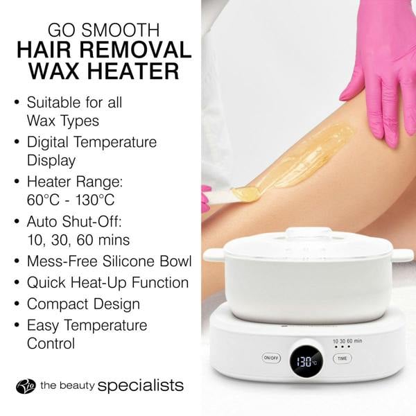 A gloved hand uses a spatula to apply wax melts to a woman’s leg. Next to them is the Rio Go Smooth Hair Removal Wax Heater, featuring a digital display, auto shut-off, silicone bowl, and quick heat-up function.