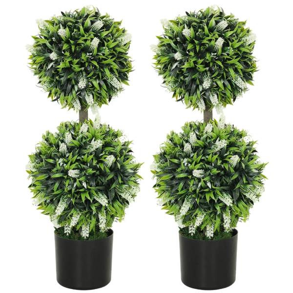 Set of 2 artificial ball trees with white lavender-style flowers in black pots