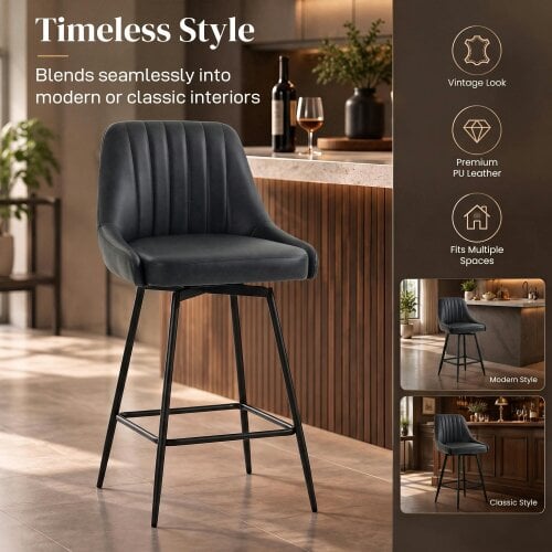 HOMCOM Vintage Bar Stools Set of 2, PU Leather, Footrest, Dark Grey