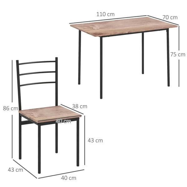 Dining table and chairs set with black metal legs and wood-look surfaces; size view