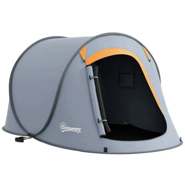 Grey pop-up dome tent with orange trim and open front door, showing dark inner space
