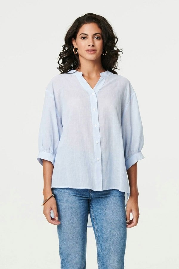 Blue | 3/4 Sleeve Collarless Curve Hem Shirt

