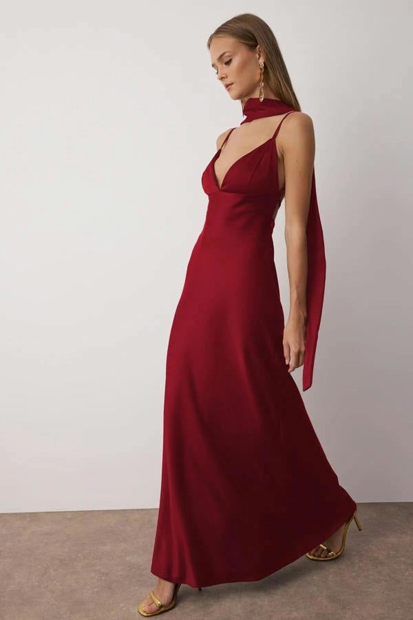 Hoxton Gal Maxi Satin Evening Dress with Shawl Detail