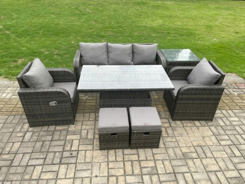 Fimous Wicker PE Rattan Outdoor Garden Furniture Set Height Adjustable Rising lifting Dining Table With Armchair Side Table 2 Small Footstools
