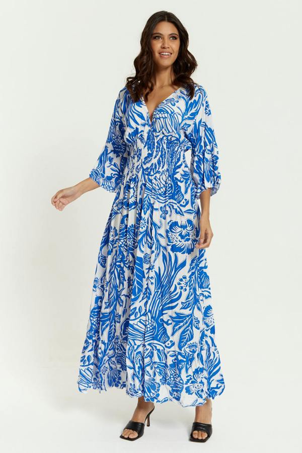 Hoxton Gal Oversized V Neck Detailed Floral Print Maxi Dress in Blue and White
