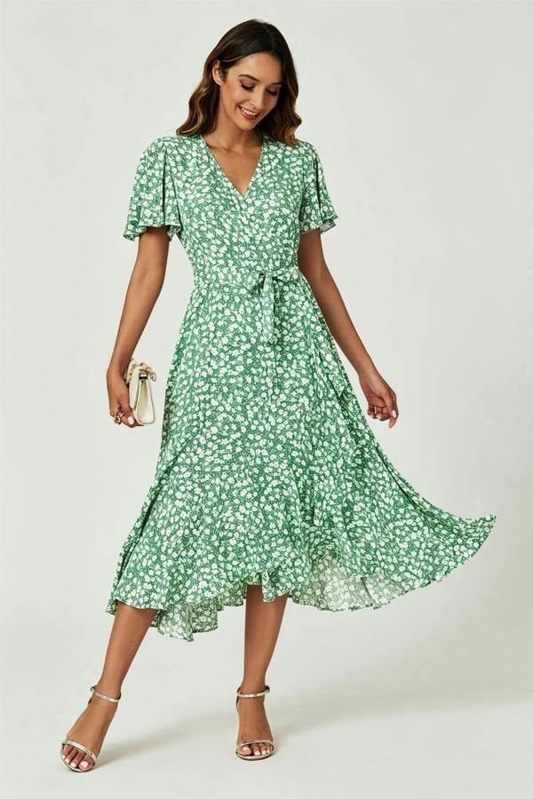 FS Collection Floral Print Midi Wrap Dress In Light Green