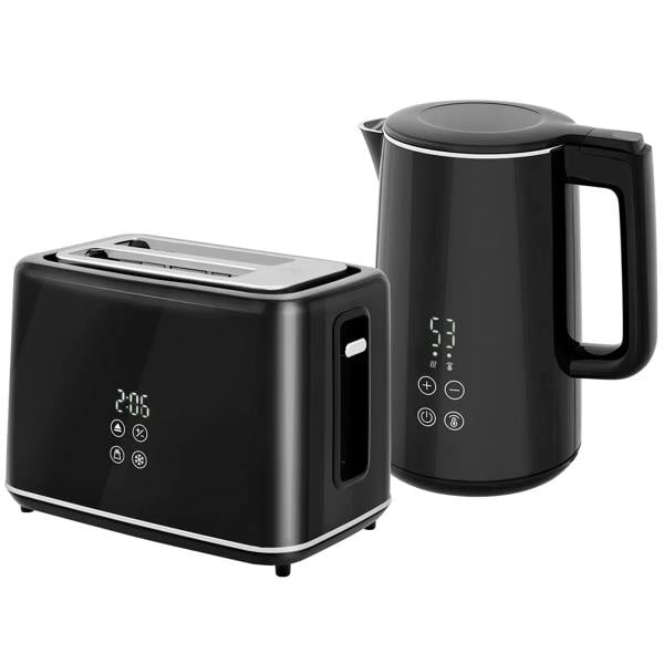 Black electric kettle and toaster set with digital controls, matching square design