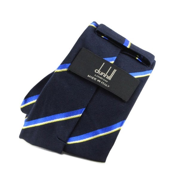 Dunhill regimental stripe patterned tie in a luxurious silk and cotton blend blue navy white yellow
