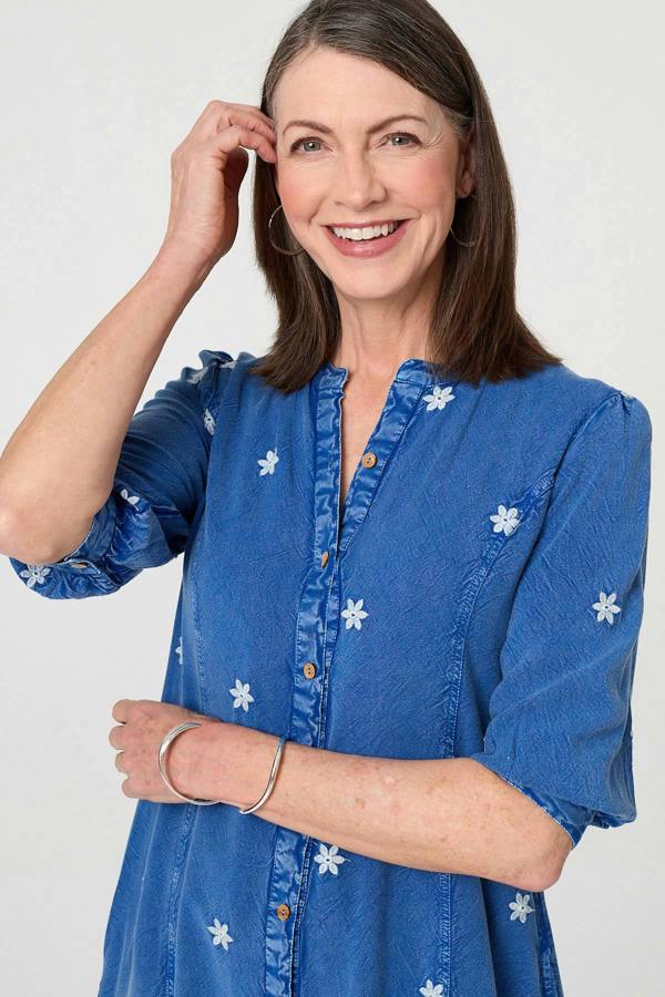 Blue | Floral Detail Buttoned Knee Length Dress