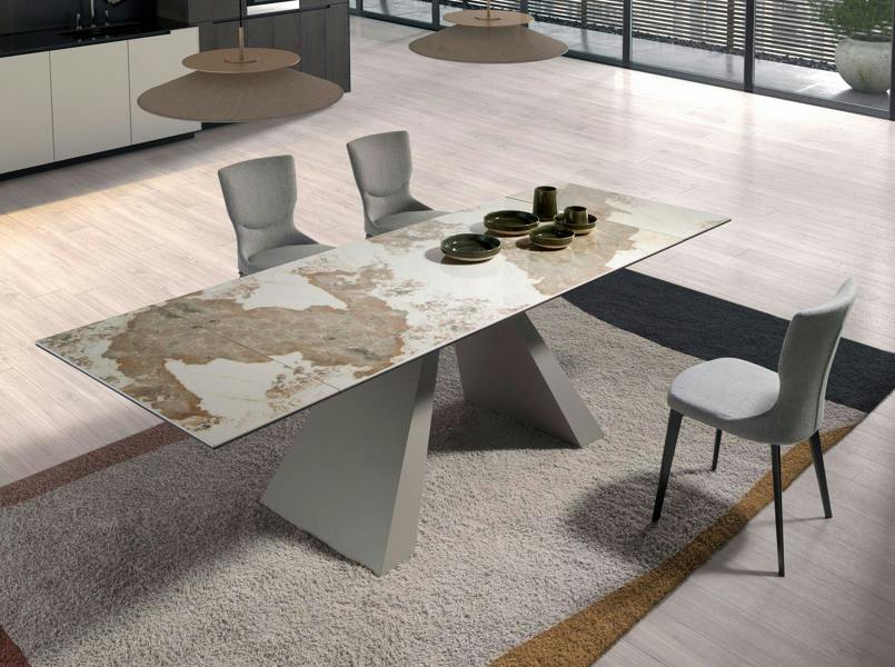 Angel Cerdá Rectangular extending dining table in porcelain marble and taupe grey steel 1124