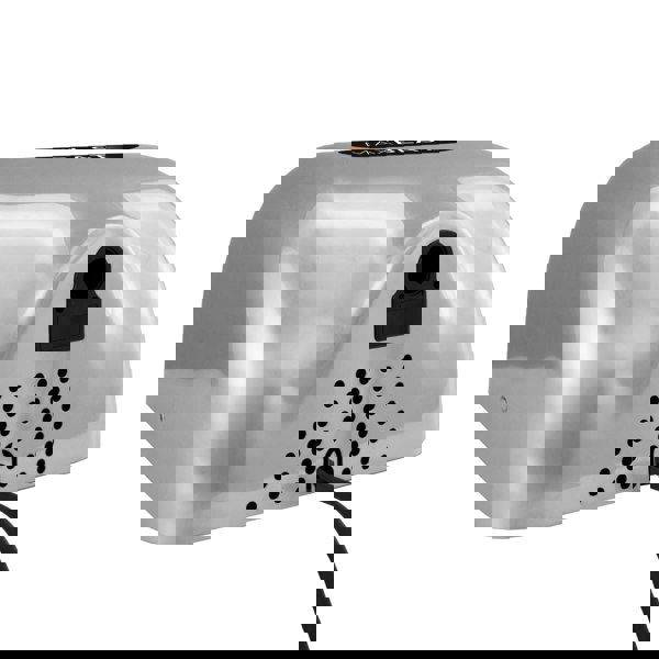 Sleek stainless steel Maxblast automatic hand dryer with HEPA filter, featuring a smooth, curved design and a power cord at the back