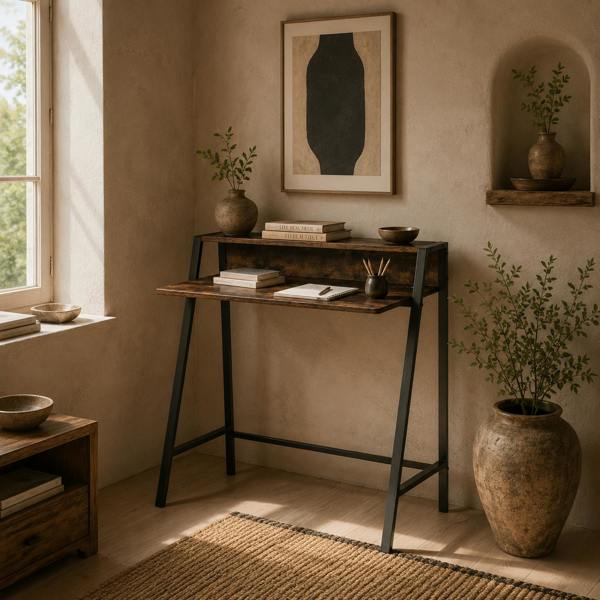 Wyld Haus Hala 84cm Rustic Brown Compact Writing Desk With Integrated Storage Shelves