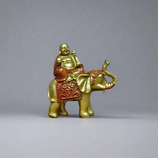 Yorkshire Bonsai Lucky Buddha On Elephant | Brushed Wood Effect Resin Figurine