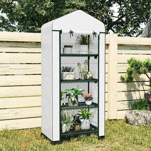 Bobobiy 4 Tier Mini Portable Greenhouse Compact Plant Grow Shed Metal Frame PE Cover with Lockable Rolling Wheels, White