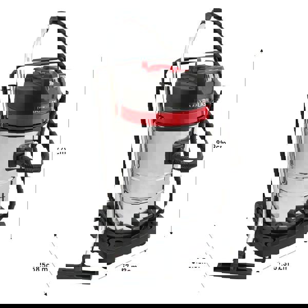 80L wet and dry vacuum with a shiny stainless steel body, red accents, 5m hose, and sturdy wheels for easy mobility