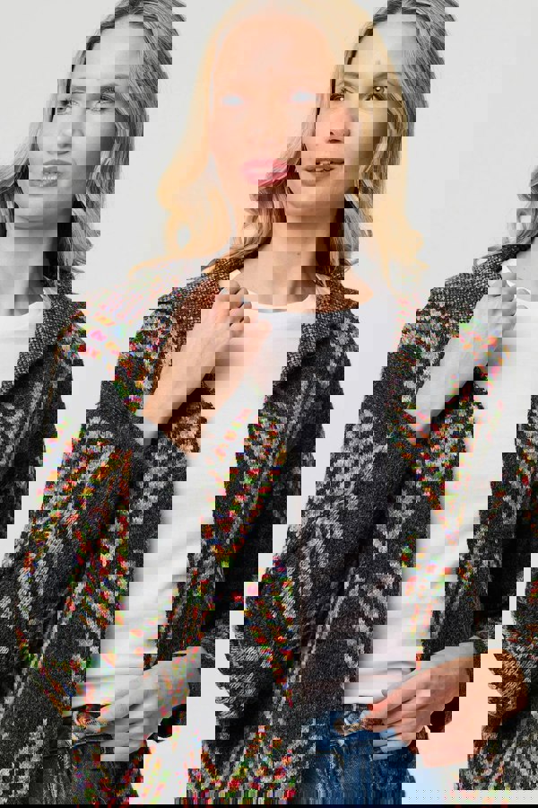 Grey | Abstract Print Longline Knitted Jacket
